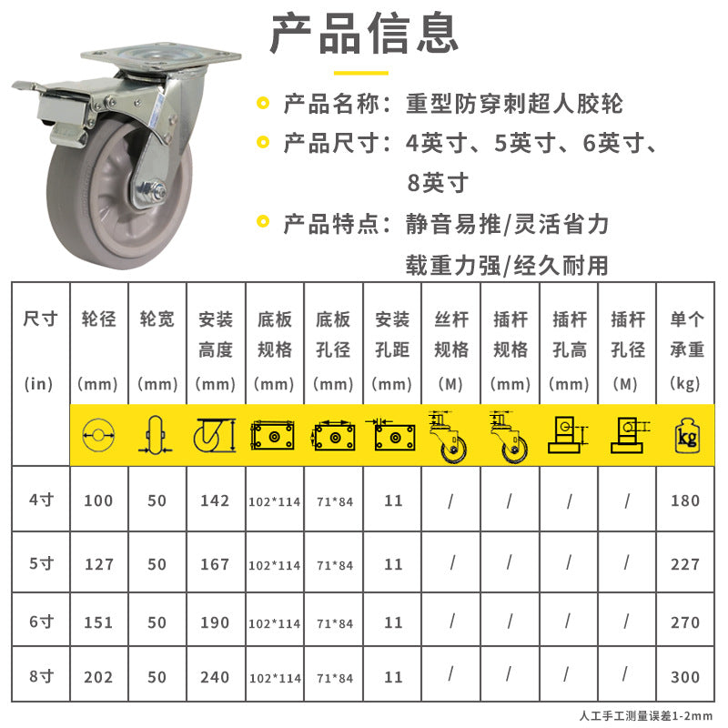 Heavy-Duty Puncture-Proof Super Rubber Silent Wheels 4-Inch 5-Inch 6inch 8inch Industrial Supporting Puncture-Proof Casters