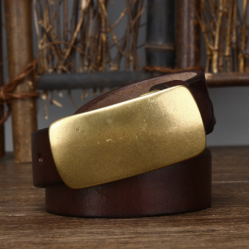 3.3CM Wide Thickened Top Layer Cowhide Belt Men's Genuine Leather Smooth Copper Buckle Belt Korean Style Plate Buckle Retro All-match Trendy