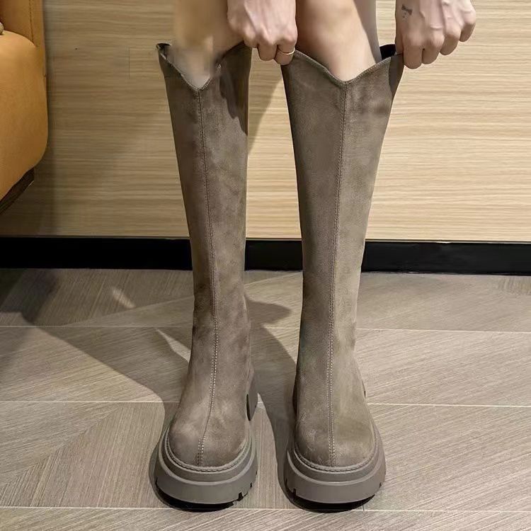 Women's Long Boots with Wide Shaft, Slim Boots, Autumn and Winter New British Style Thick-Soled Heightening Elastic Boots