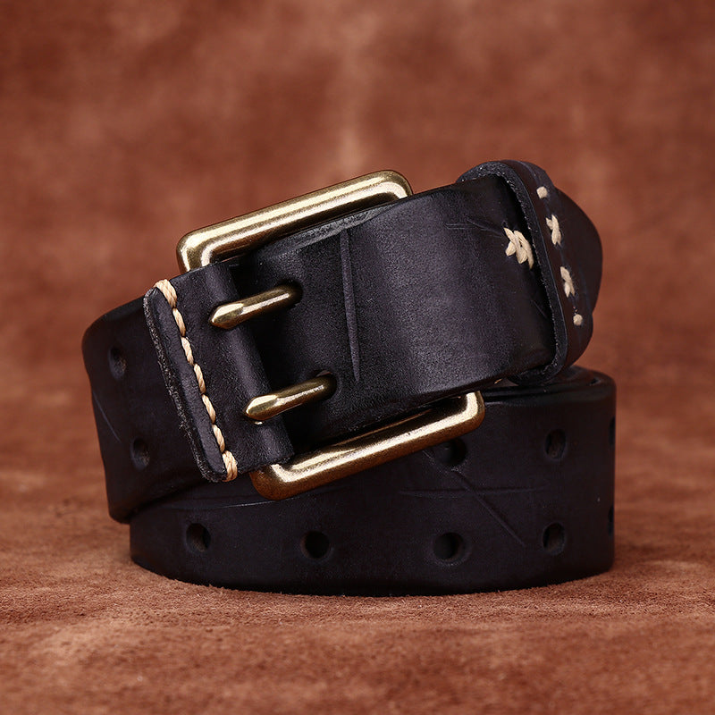 Retro Korean Style Trendyy Stylish Ins Double Pin Buckle Belt Men's Genuine Leather New Young People's Jeans Belt