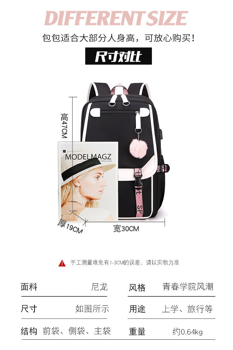 Backpack, Primary School, Middle School and High School Student School Bag, Fur Ball Bag, Multi-Color Selection, Large Capacity Simple Bag, Sports and Leisure Bag