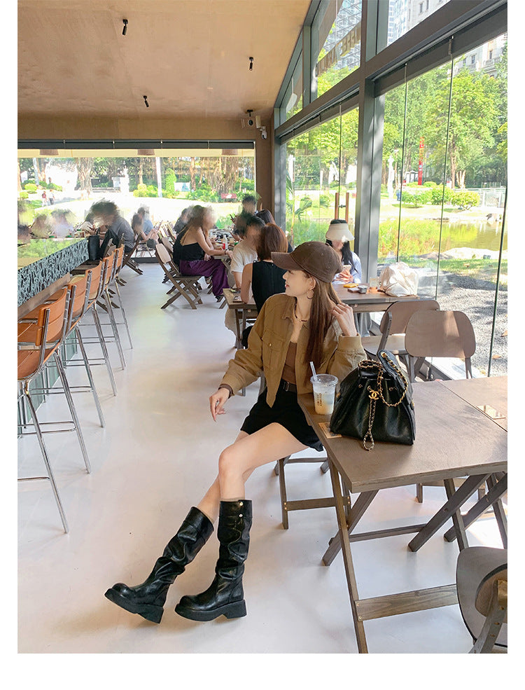 Grape Mom's Same Style in Stock~ Increase Height by 5cm~ Three-Dimensional Round Toe Thick-Soled Chunky Heel Snap-Button Riding Boots for Women