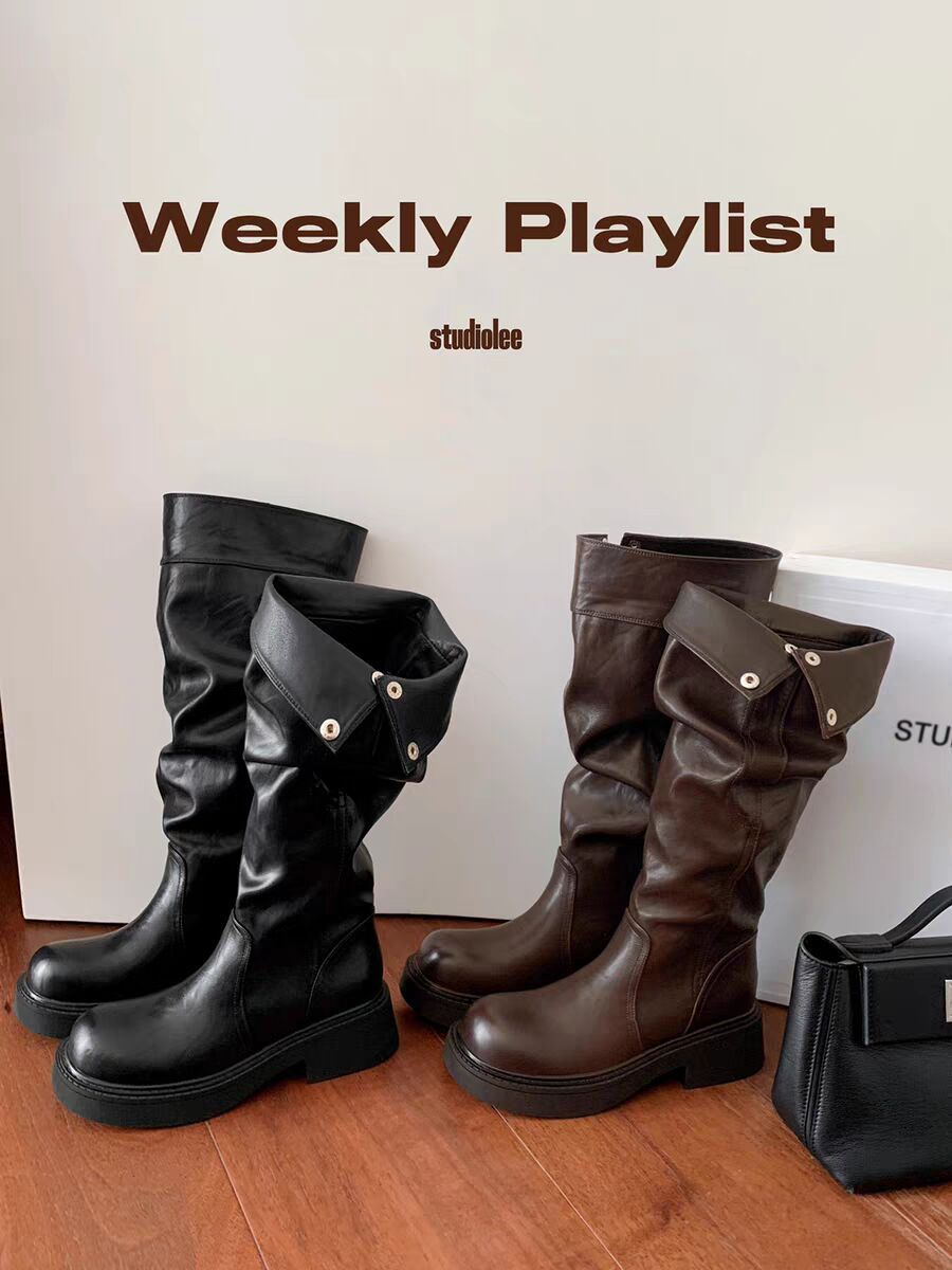 Grape Mom's Same Style Height-Increasing 5cm~ Thick-Soled Chunky Heel Snap-Button Riding Boots for Women