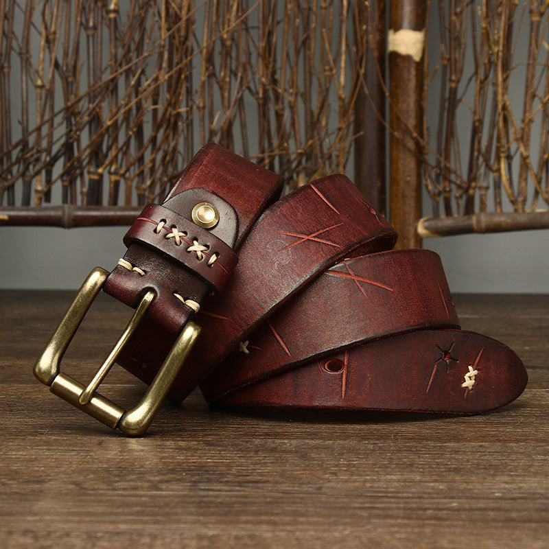 Washed Retro Old Trendyy Stylish Pull-Out First-Layer Cowhide Belt Men's Genuine Leather Pin Buckle Jeans Belt Men's Style