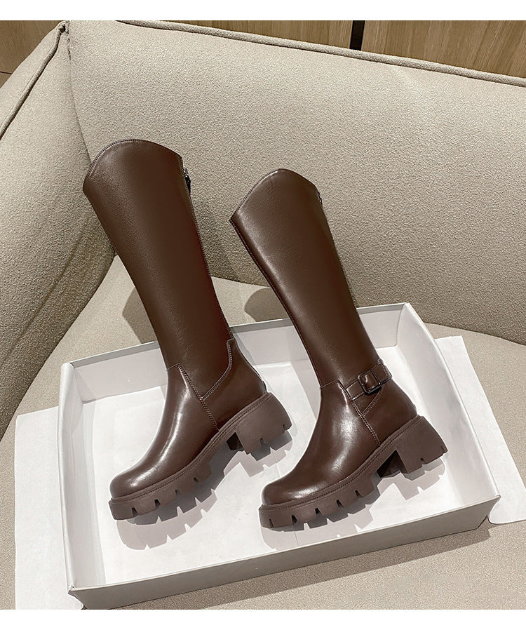Women's Long Boots 2026 Autumn and Winter New Style Versatile Thick-Soled Chunky Heel Over-The-Knee Belt Buckle Height-Increasing Long Boots