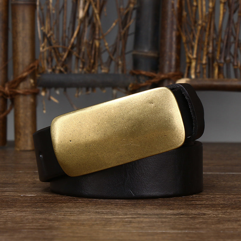 3.3CM Wide Thickened Top Layer Cowhide Belt Men's Genuine Leather Smooth Copper Buckle Belt Korean Style Plate Buckle Retro All-match Trendy