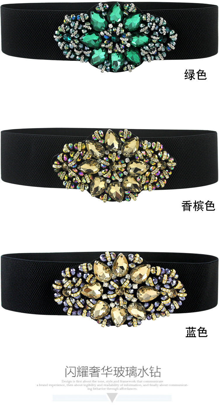 Women's Fashionable Flower Rhinestone Inlaid Wide Girdle Decorative Belt Women's Versatile Skirt Belt Accessories Elastic Waist