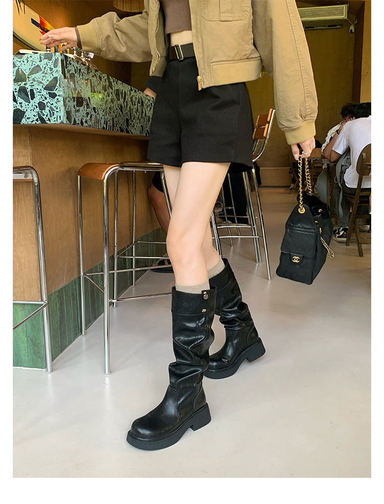Grape Mom's Same Style in Stock~ Increase Height by 5cm~ Three-Dimensional Round Toe Thick-Soled Chunky Heel Snap-Button Riding Boots for Women