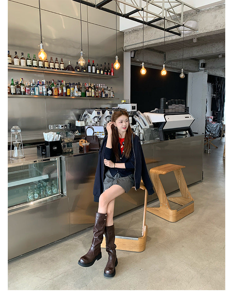 Grape Mom's Same Style in Stock~ Increase Height by 5cm~ Three-Dimensional Round Toe Thick-Soled Chunky Heel Snap-Button Riding Boots for Women