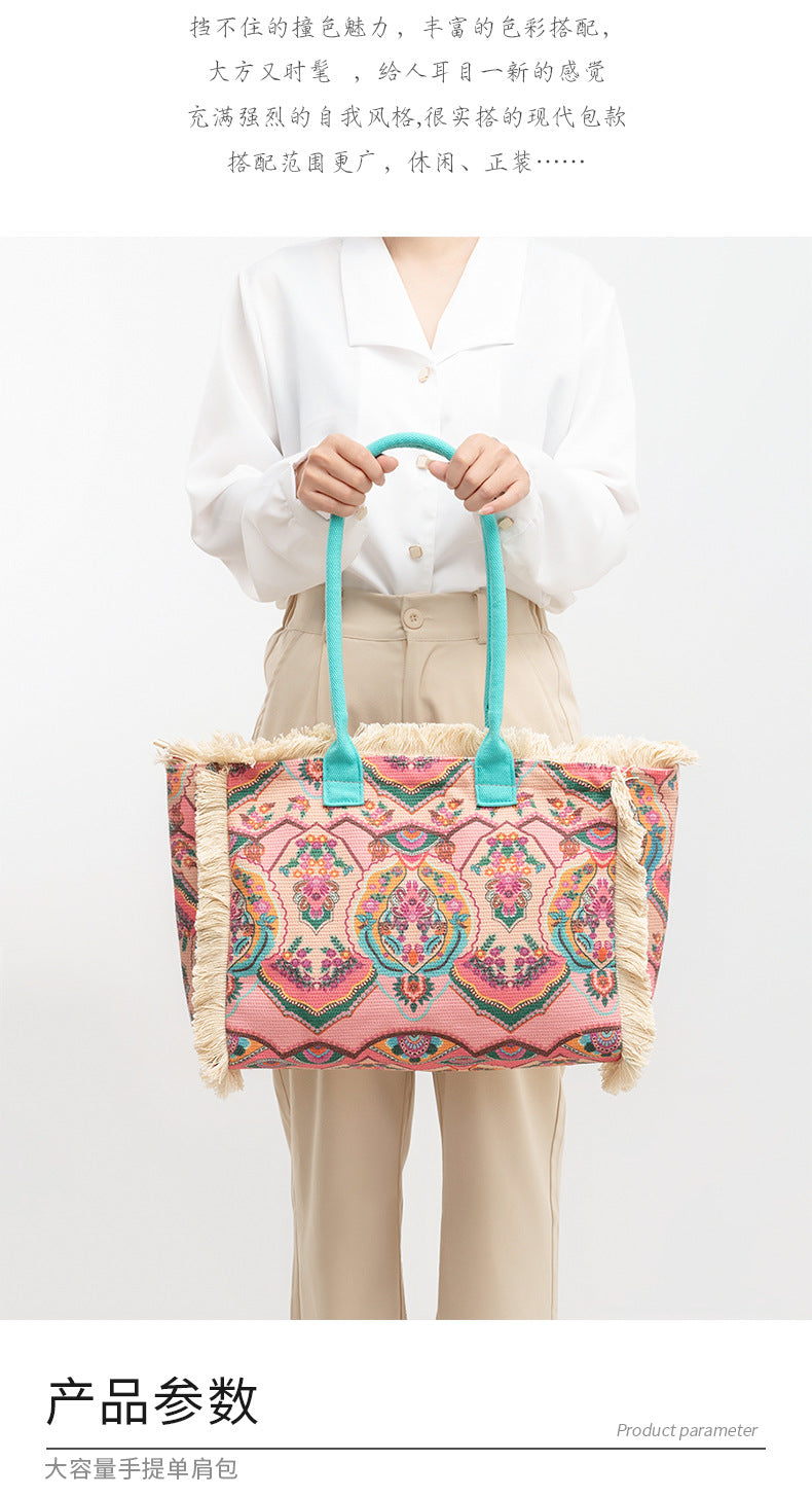 European and American Cross-Border Tote Bag Bohemian Retro Shoulder Bag Zipper Handbag Large Capacity Canvas Bag Women Summer