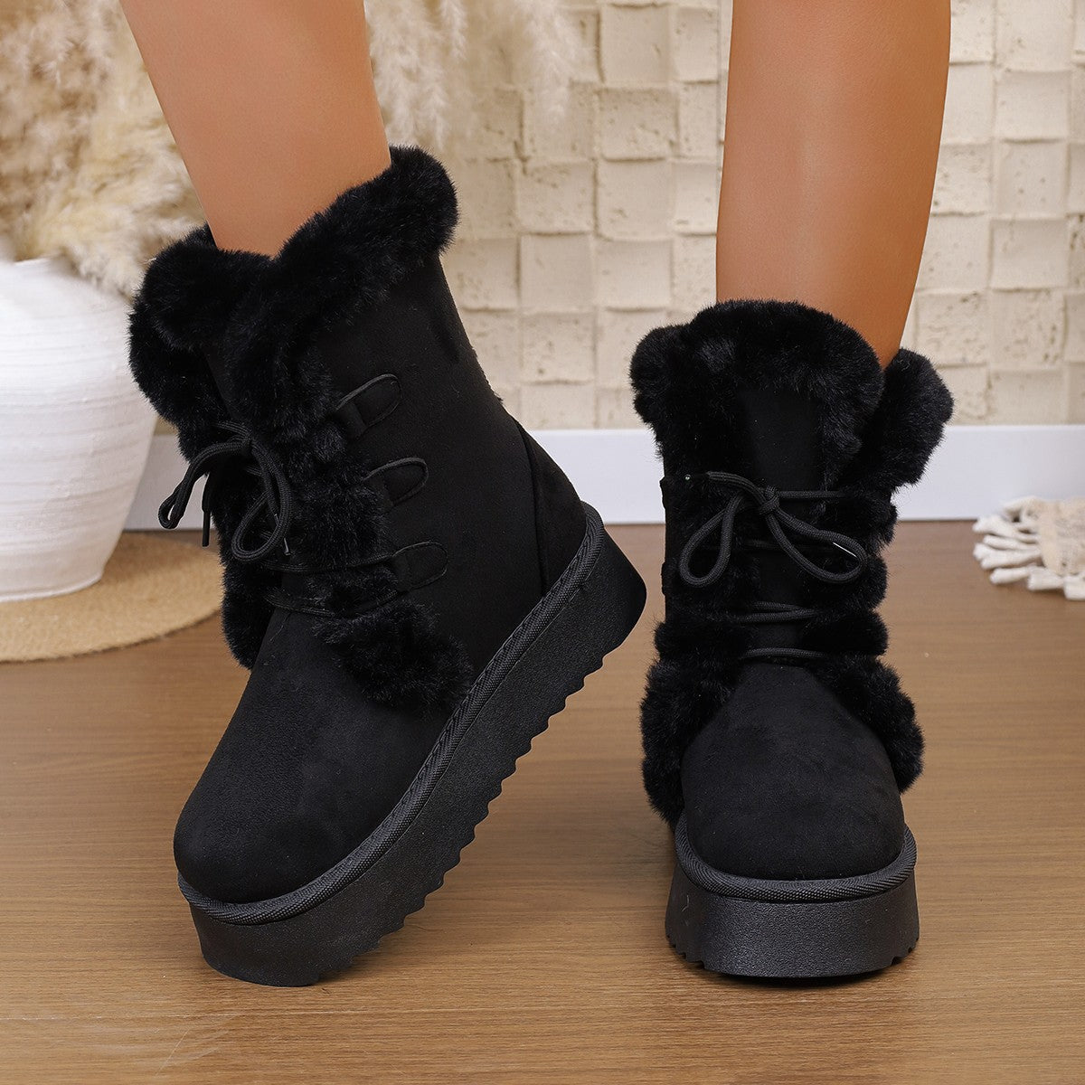 Women's Snow Boots 2025 Winter New Style Furry Women's Boots Thickeneded Snow Cotton Thick Sole Fleece-Lined Mid-Calf Large Size Cotton Boots