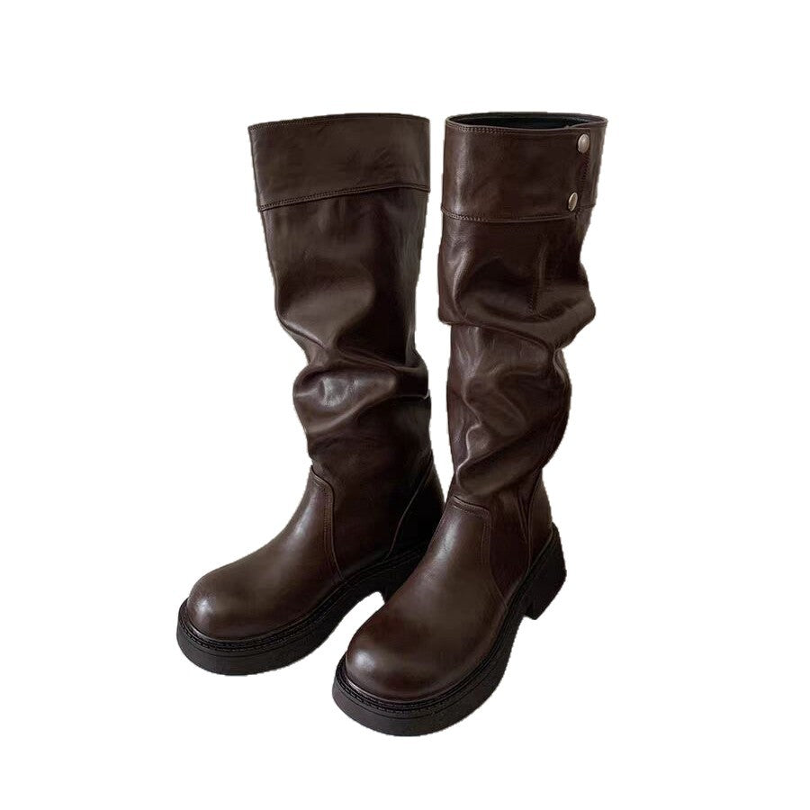 Grape Mom's Same Style Height-Increasing 5cm~ Thick-Soled Chunky Heel Snap-Button Riding Boots for Women