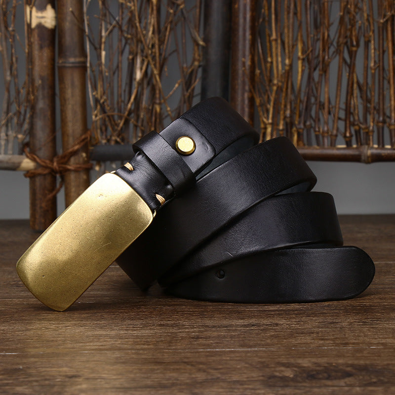 3.3CM Wide Thickened Top Layer Cowhide Belt Men's Genuine Leather Smooth Copper Buckle Belt Korean Style Plate Buckle Retro All-match Trendy