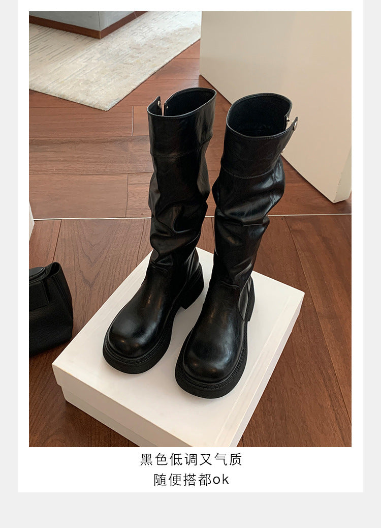Grape Mom's Same Style in Stock~ Increase Height by 5cm~ Three-Dimensional Round Toe Thick-Soled Chunky Heel Snap-Button Riding Boots for Women
