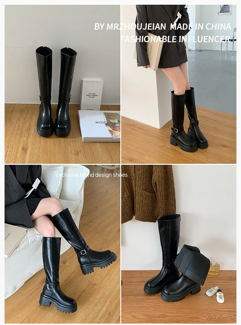 Maillard Thick-Soled Long Boots for Women 2025 Autumn and Winter New Style Small Inner Heightening Over-The-Knee Knight Boots