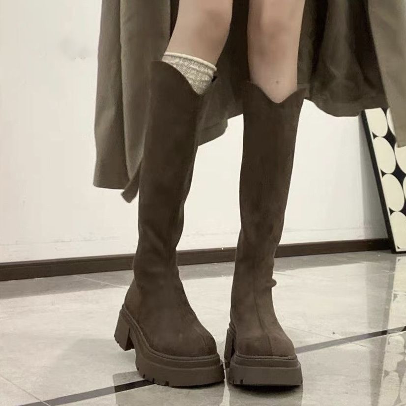 Women's Long Boots with Wide Shaft, Slim Boots, Autumn and Winter New British Style Thick-Soled Heightening Elastic Boots