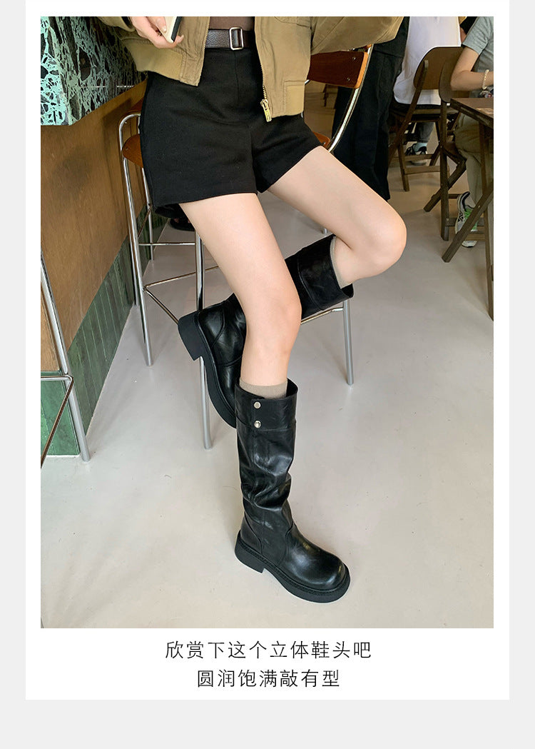 Grape Mom's Same Style in Stock~ Increase Height by 5cm~ Three-Dimensional Round Toe Thick-Soled Chunky Heel Snap-Button Riding Boots for Women