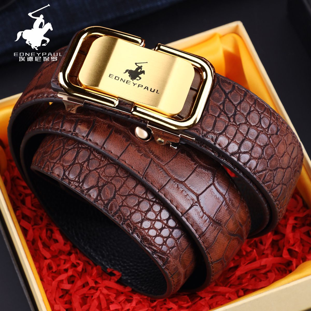 Men's Belt Genuine Leather Crocodile Pattern Inner Wear Automatic Buckle Fashionable All-match Belt Middle-aged and Young Casual Business Trendy Belt