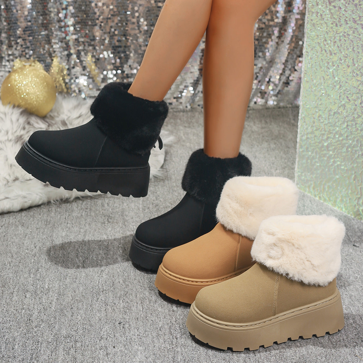 Fleece-Lined Thickened Warm Snow Boots for Women, 2025 Winter New Style, Thick-Soled Low-Cut Short Slip-On Plush Cotton Shoes