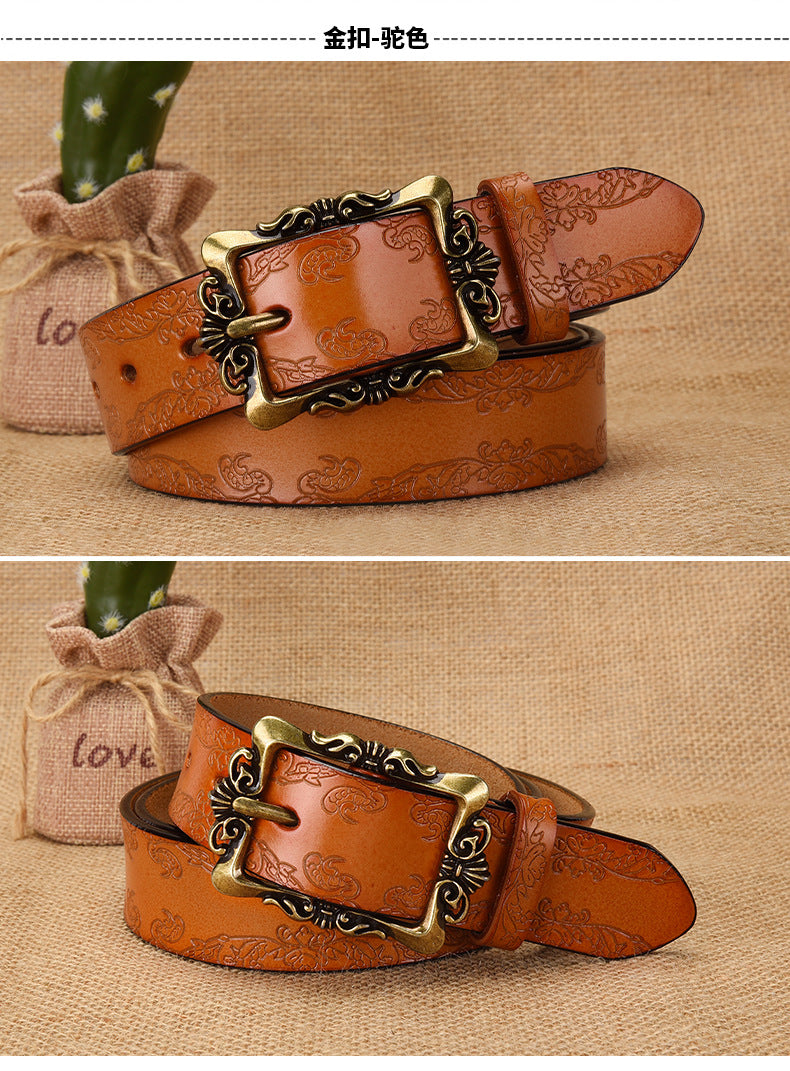 Cross-border European and American Women's Retro Belt Embossed Pattern Pin Buckle Belt Women's Ins Style All-match Simple Casual Pants Belt