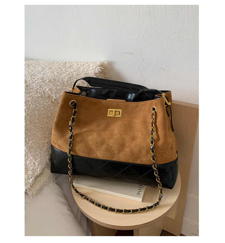 Niche Design Suede Tote Bag Korean Style Ins Lock Large Capacity Retro Fashion Versatile Satchel Crossbody Bag