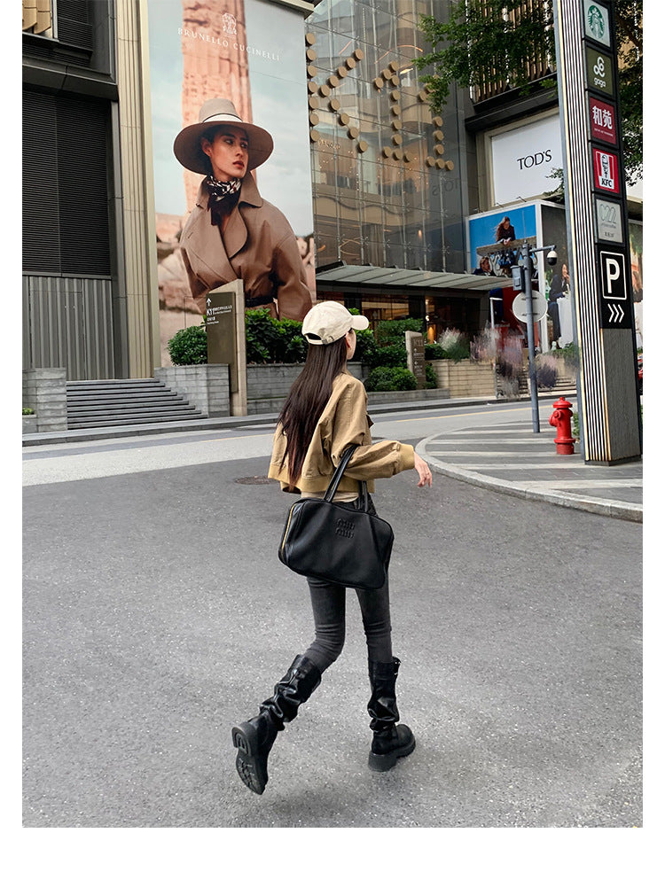 Grape Mom's Same Style in Stock~ Increase Height by 5cm~ Three-Dimensional Round Toe Thick-Soled Chunky Heel Snap-Button Riding Boots for Women