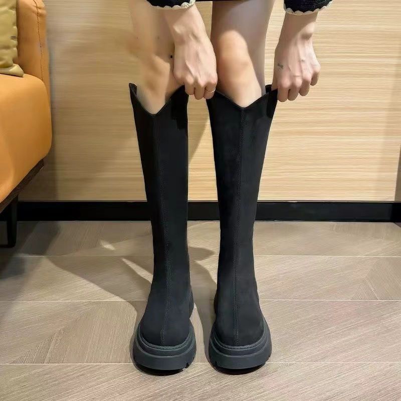 Women's Long Boots with Wide Shaft, Slim Boots, Autumn and Winter New British Style Thick-Soled Heightening Elastic Boots