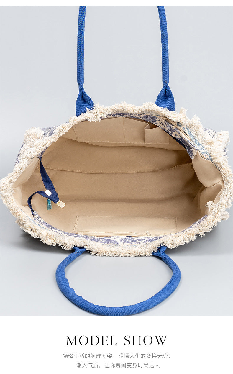 European and American Cross-Border Tote Bag Bohemian Retro Shoulder Bag Zipper Handbag Large Capacity Canvas Bag Women Summer