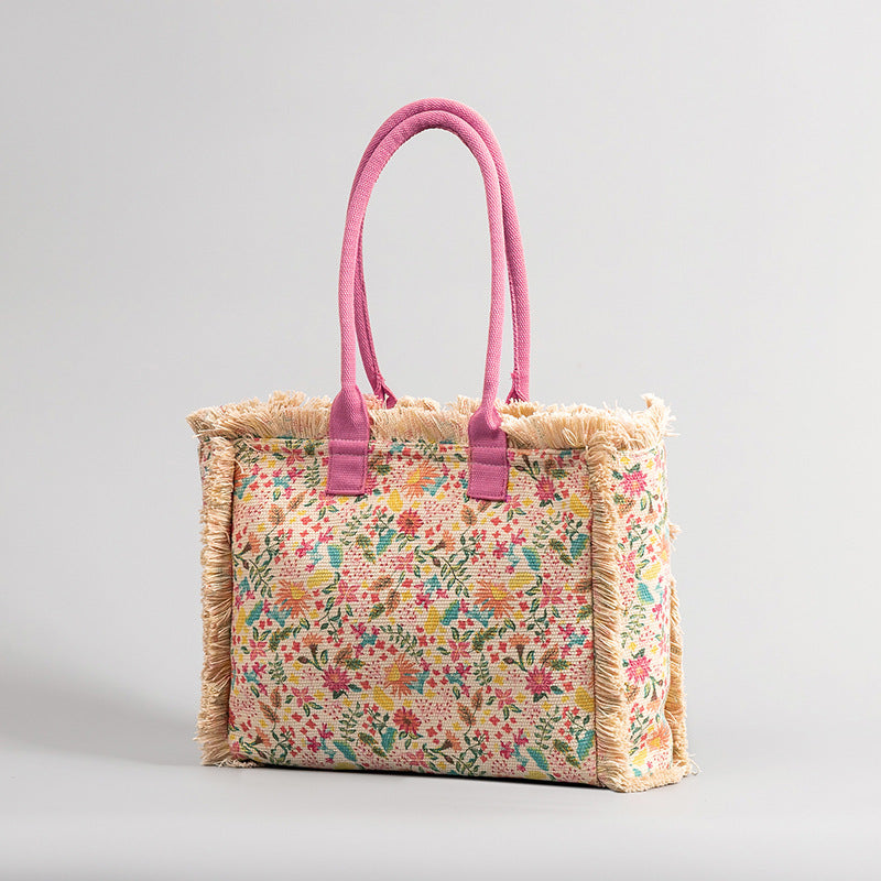 European and American Cross-Border Tote Bag Bohemian Retro Shoulder Bag Zipper Handbag Large Capacity Canvas Bag Women Summer