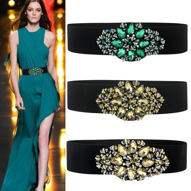 Women's Fashionable Flower Rhinestone Inlaid Wide Girdle Decorative Belt Women's Versatile Skirt Belt Accessories Elastic Waist