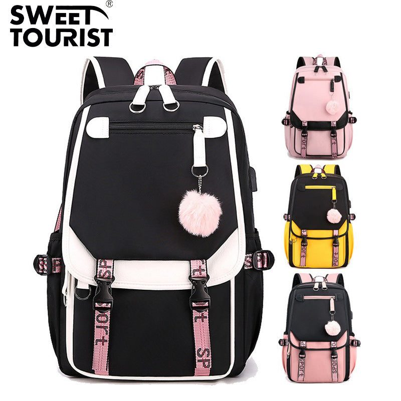 Backpack, Primary School, Middle School and High School Student School Bag, Fur Ball Bag, Multi-Color Selection, Large Capacity Simple Bag, Sports and Leisure Bag
