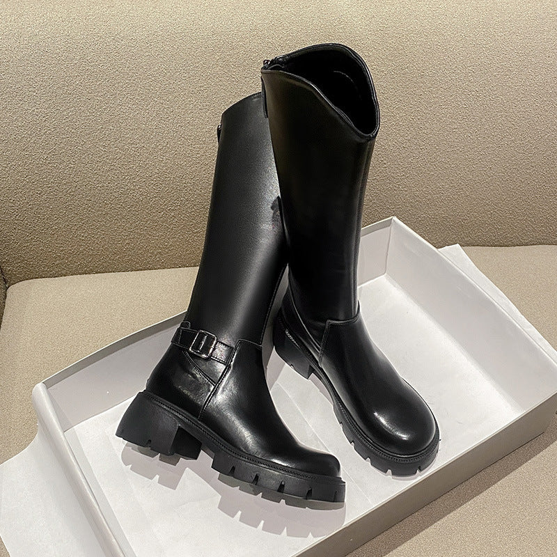 Women's Long Boots 2026 Autumn and Winter New Style Versatile Thick-Soled Chunky Heel Over-The-Knee Belt Buckle Height-Increasing Long Boots