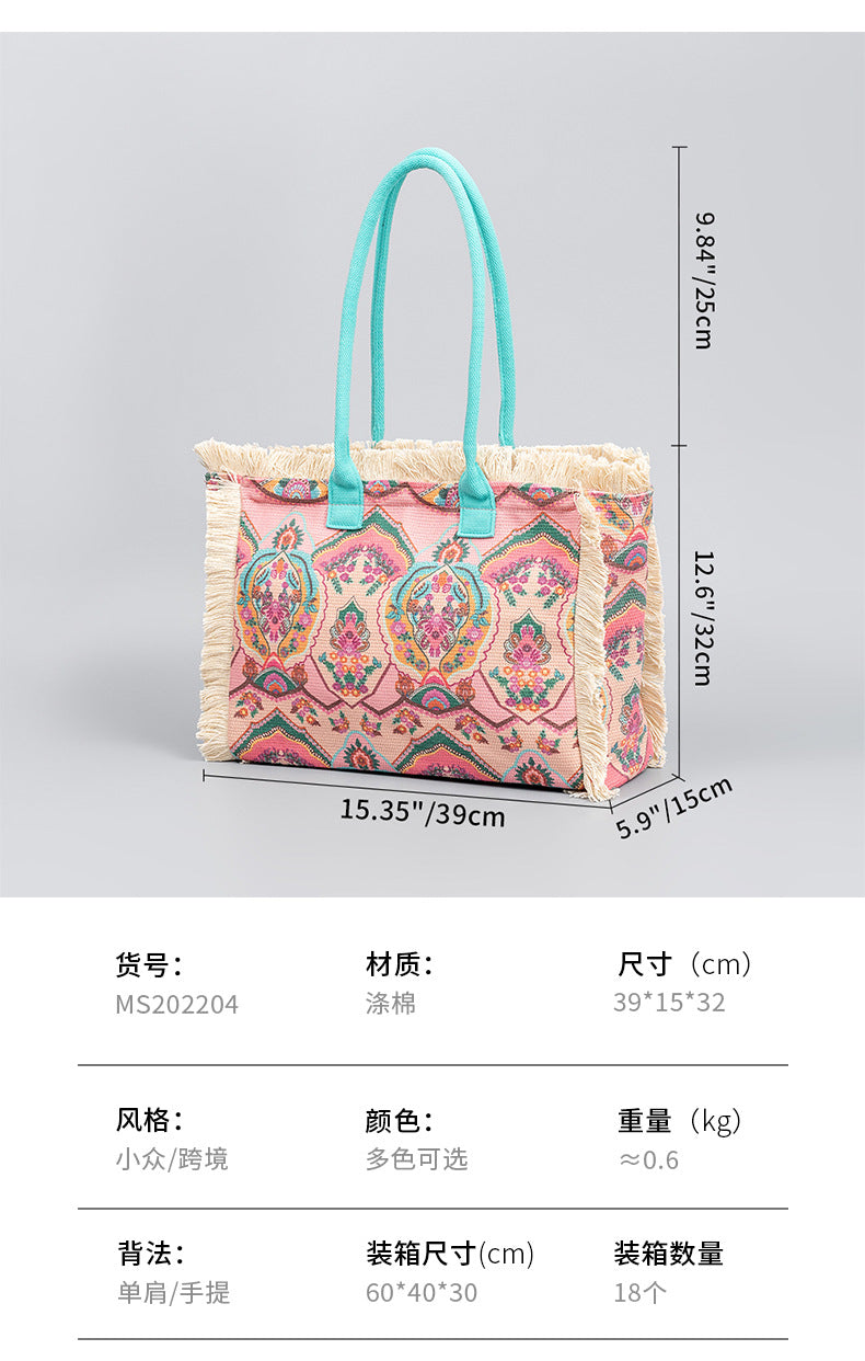 European and American Cross-Border Tote Bag Bohemian Retro Shoulder Bag Zipper Handbag Large Capacity Canvas Bag Women Summer