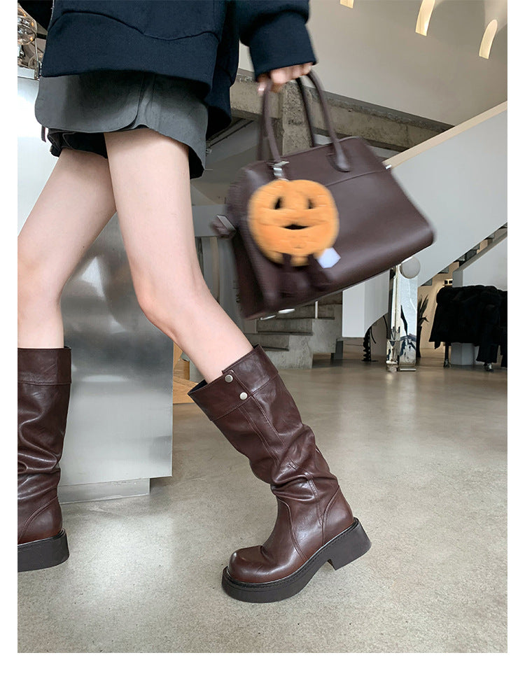 Grape Mom's Same Style in Stock~ Increase Height by 5cm~ Three-Dimensional Round Toe Thick-Soled Chunky Heel Snap-Button Riding Boots for Women