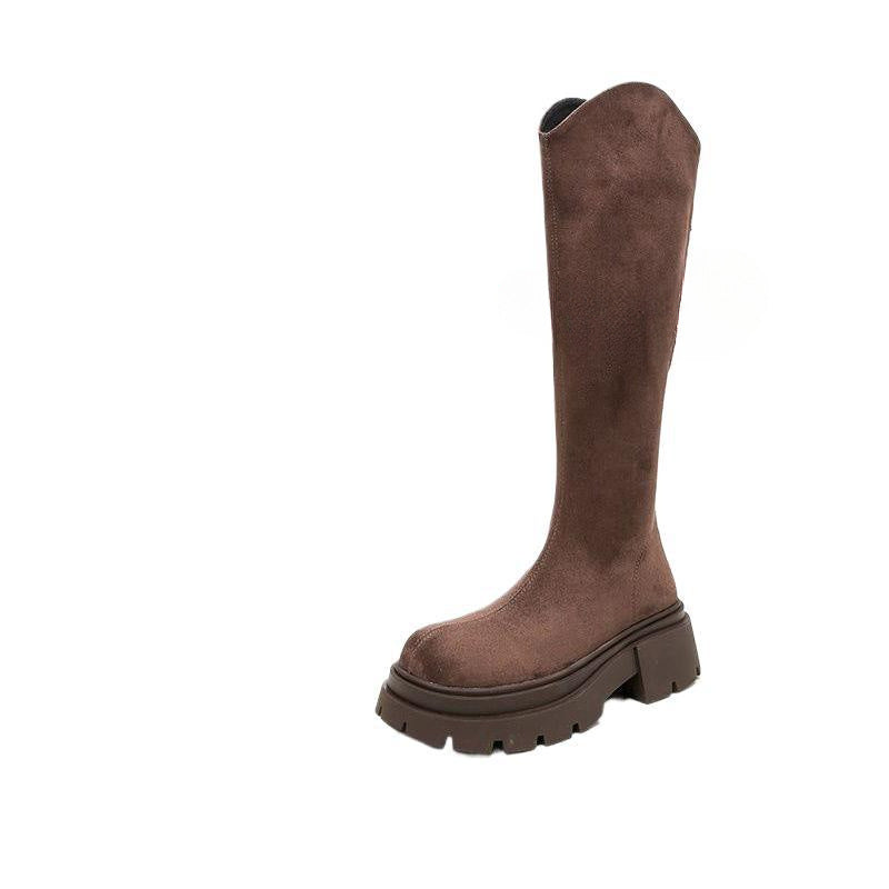Women's Long Boots with Wide Shaft, Slim Boots, Autumn and Winter New British Style Thick-Soled Heightening Elastic Boots
