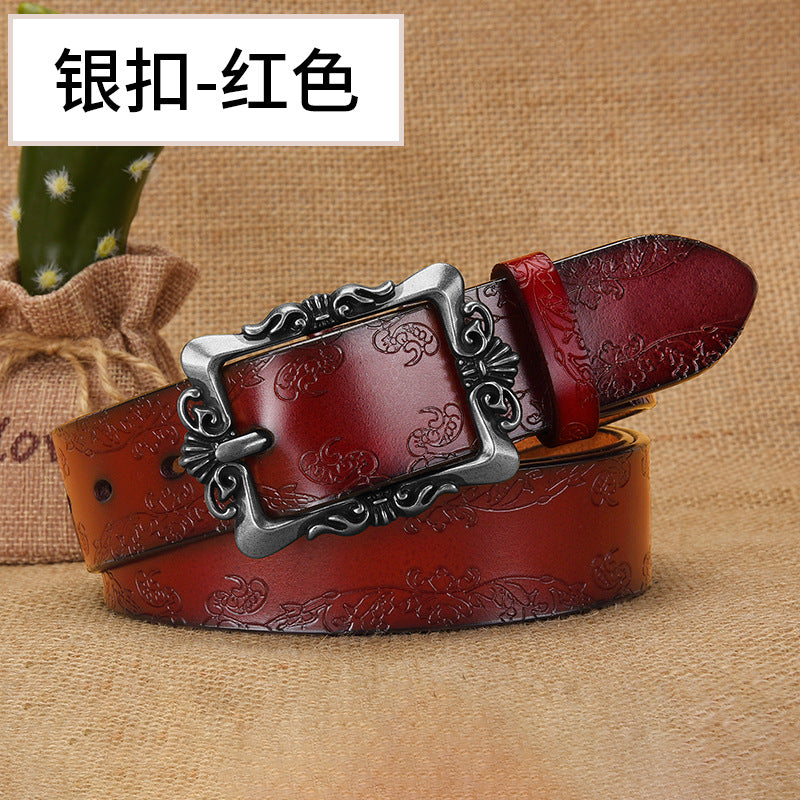 Cross-border European and American Women's Retro Belt Embossed Pattern Pin Buckle Belt Women's Ins Style All-match Simple Casual Pants Belt