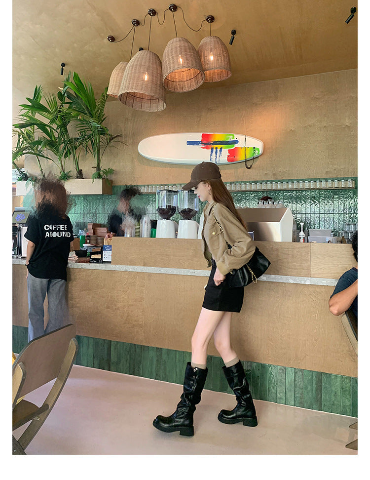 Grape Mom's Same Style in Stock~ Increase Height by 5cm~ Three-Dimensional Round Toe Thick-Soled Chunky Heel Snap-Button Riding Boots for Women