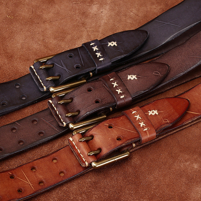 Retro Korean Style Trendyy Stylish Ins Double Pin Buckle Belt Men's Genuine Leather New Young People's Jeans Belt