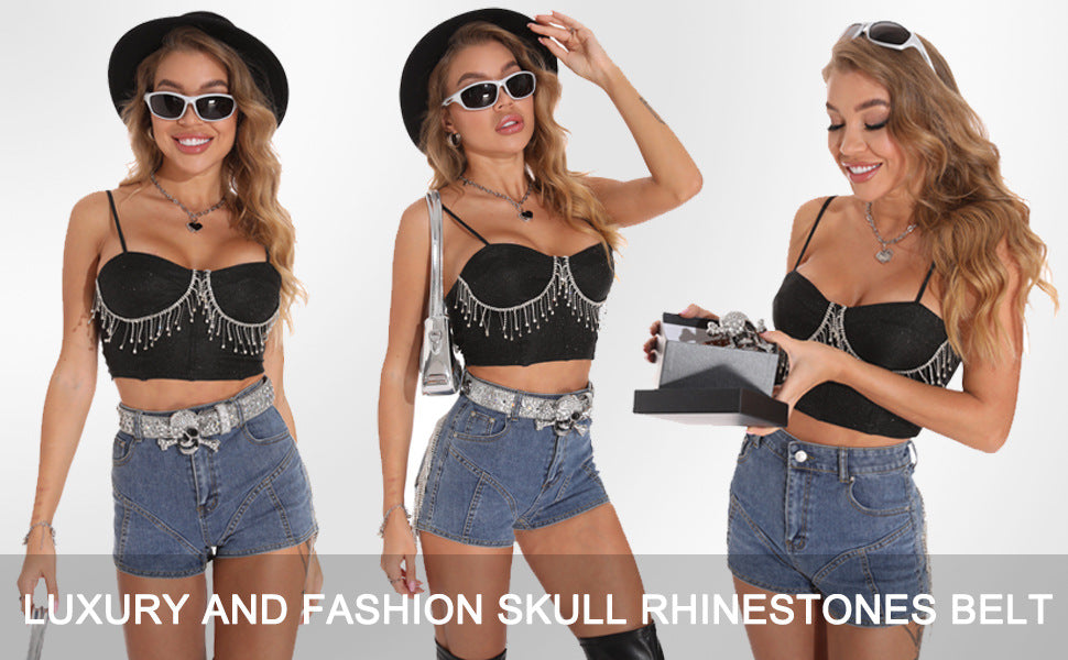 Belt Men's Rivet Accessories Ins Big Y2K Rhinestone Hip-Hop Sequin Skull Inlaid Punk New Belt Skull
