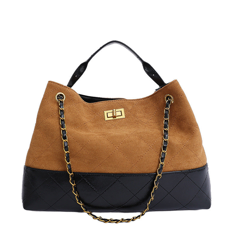 Niche Design Suede Tote Bag Korean Style Ins Lock Large Capacity Retro Fashion Versatile Satchel Crossbody Bag