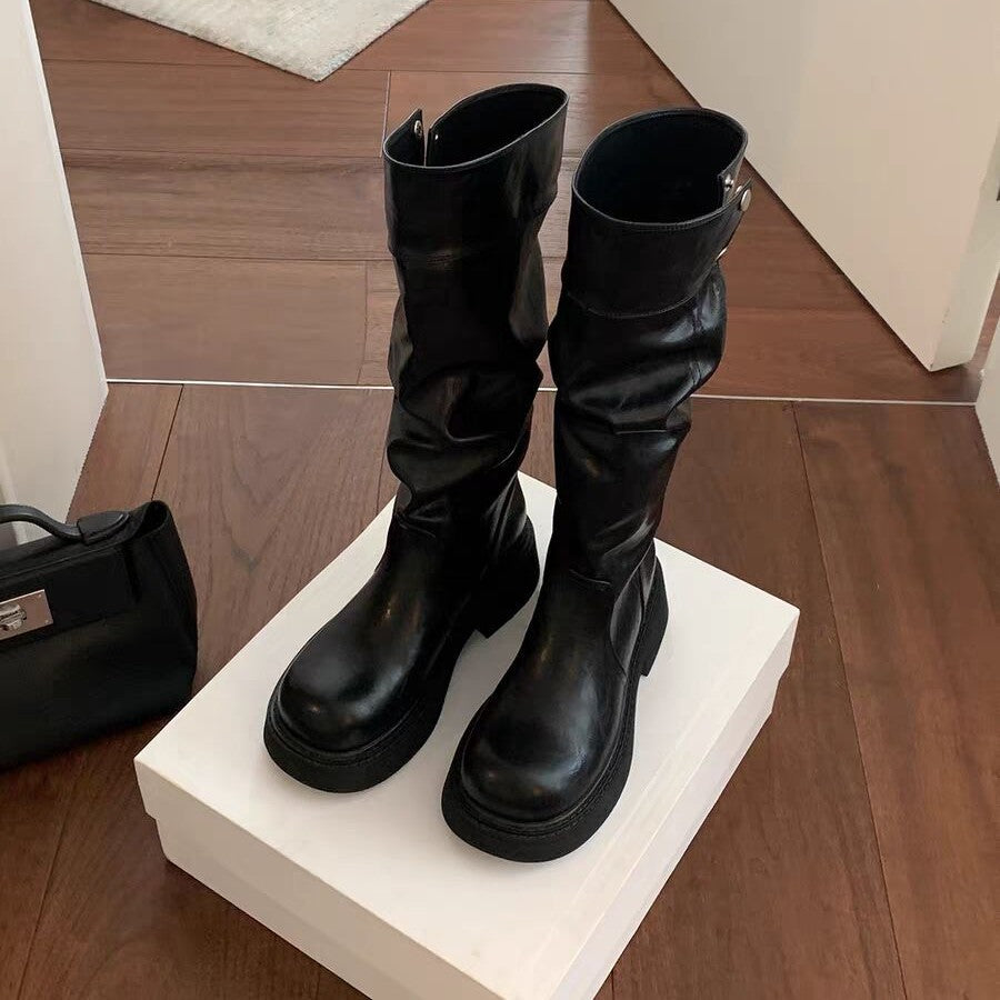 Grape Mom's Same Style Height-Increasing 5cm~ Thick-Soled Chunky Heel Snap-Button Riding Boots for Women