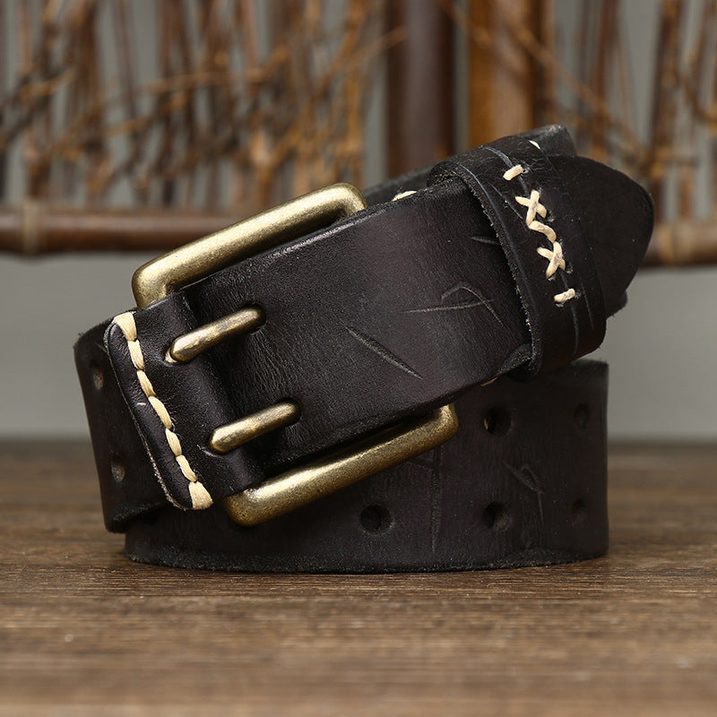 Retro Korean Style Trendyy Stylish Ins Double Pin Buckle Belt Men's Genuine Leather New Young People's Jeans Belt