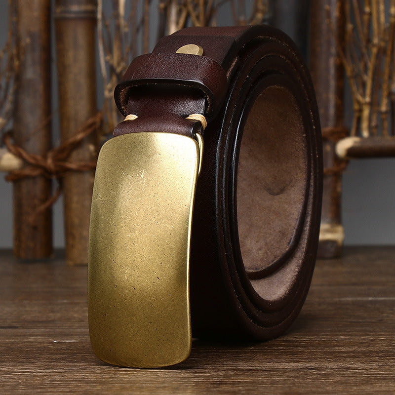 3.3CM Wide Thickened Top Layer Cowhide Belt Men's Genuine Leather Smooth Copper Buckle Belt Korean Style Plate Buckle Retro All-match Trendy