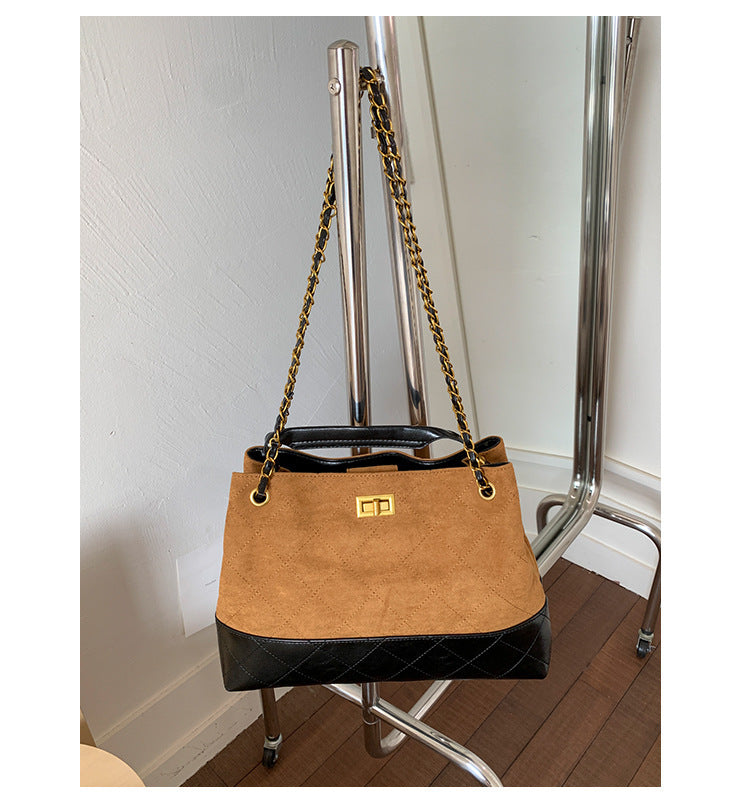 Niche Design Suede Tote Bag Korean Style Ins Lock Large Capacity Retro Fashion Versatile Satchel Crossbody Bag