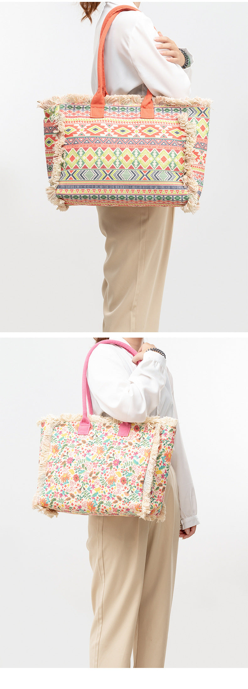 European and American Cross-Border Tote Bag Bohemian Retro Shoulder Bag Zipper Handbag Large Capacity Canvas Bag Women Summer