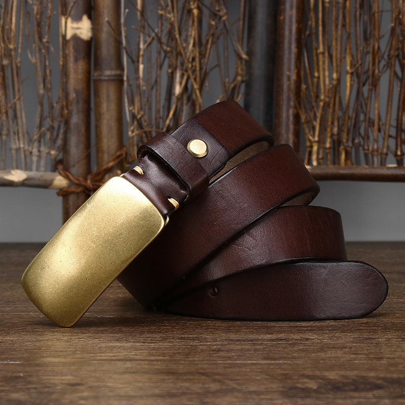 3.3CM Wide Thickened Top Layer Cowhide Belt Men's Genuine Leather Smooth Copper Buckle Belt Korean Style Plate Buckle Retro All-match Trendy