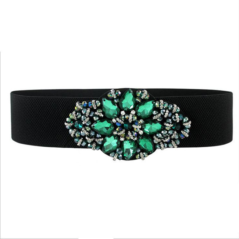 Women's Fashionable Flower Rhinestone Inlaid Wide Girdle Decorative Belt Women's Versatile Skirt Belt Accessories Elastic Waist