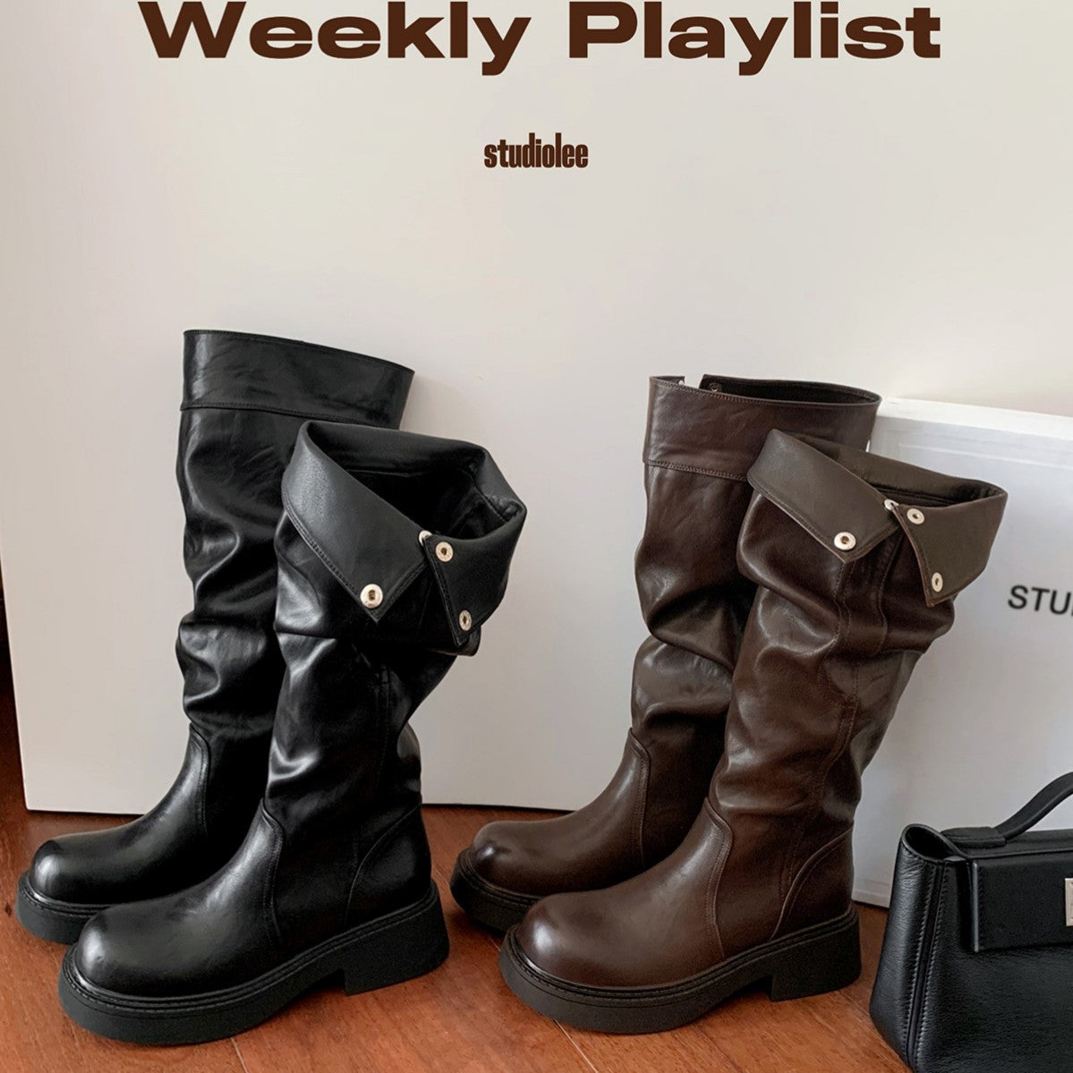 Grape Mom's Same Style in Stock~ Increase Height by 5cm~ Three-Dimensional Round Toe Thick-Soled Chunky Heel Snap-Button Riding Boots for Women