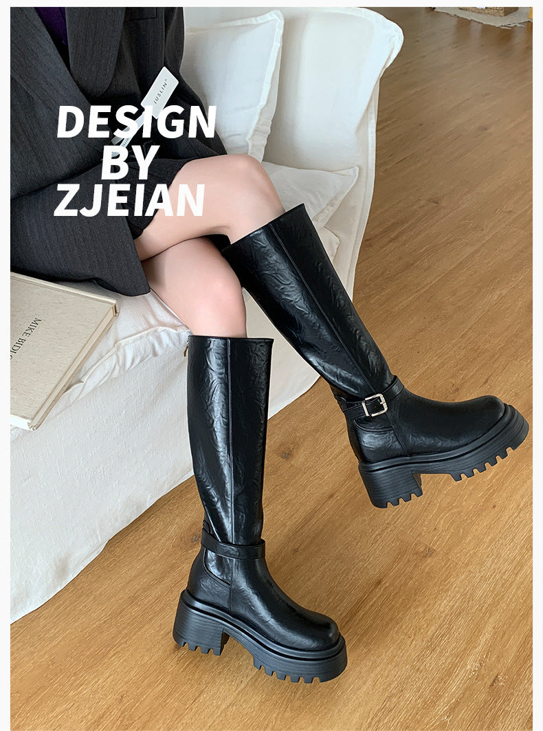 Maillard Thick-Soled Long Boots for Women 2025 Autumn and Winter New Style Small Inner Heightening Over-The-Knee Knight Boots