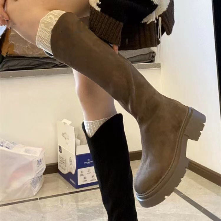 Women's Long Boots with Wide Shaft, Slim Boots, Autumn and Winter New British Style Thick-Soled Heightening Elastic Boots